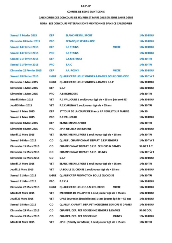 Concours Février & Mars 2015