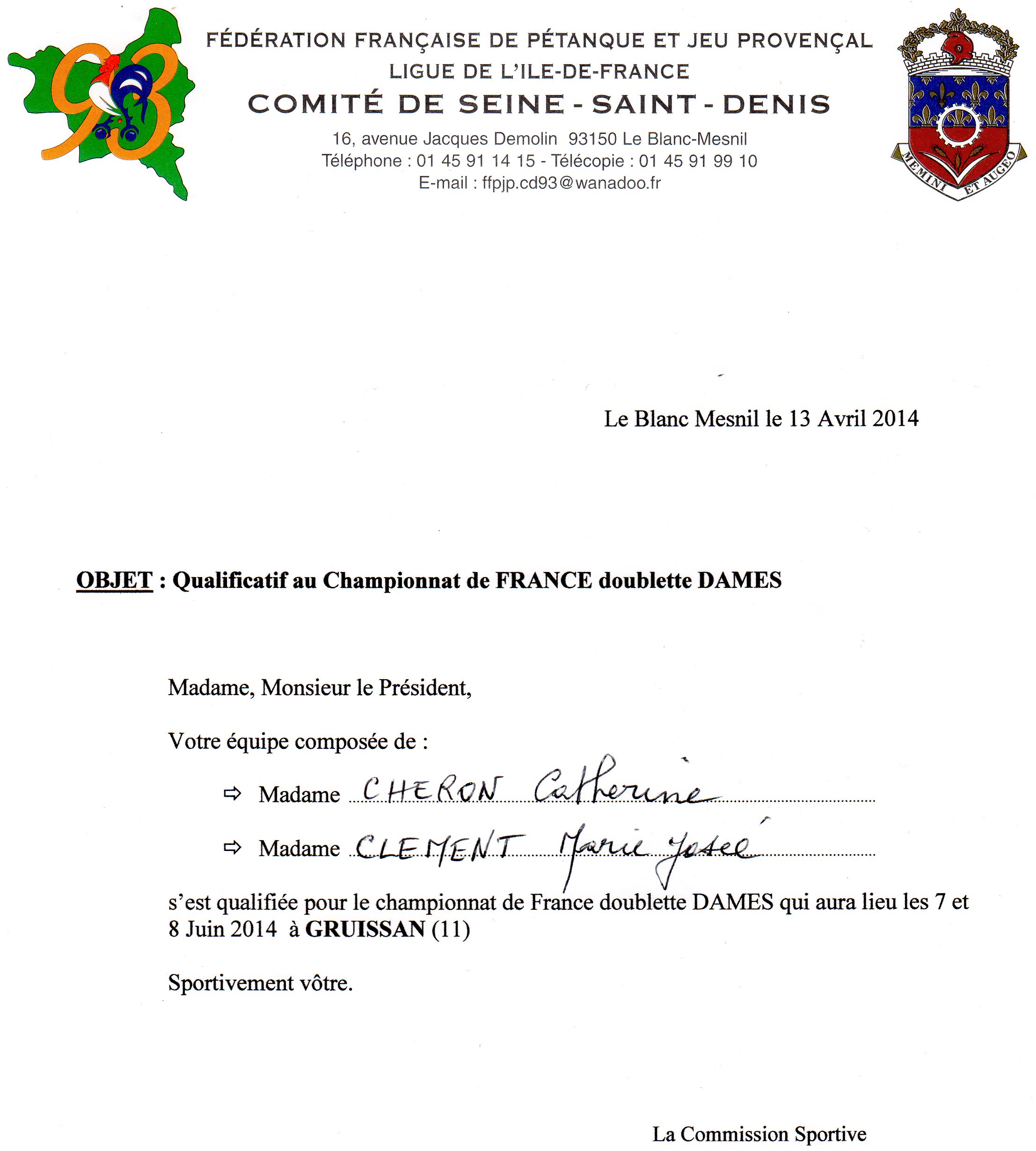 Championnat Départemental Dames C.M. LES BOURGET les 12 & 13 Avril 2014