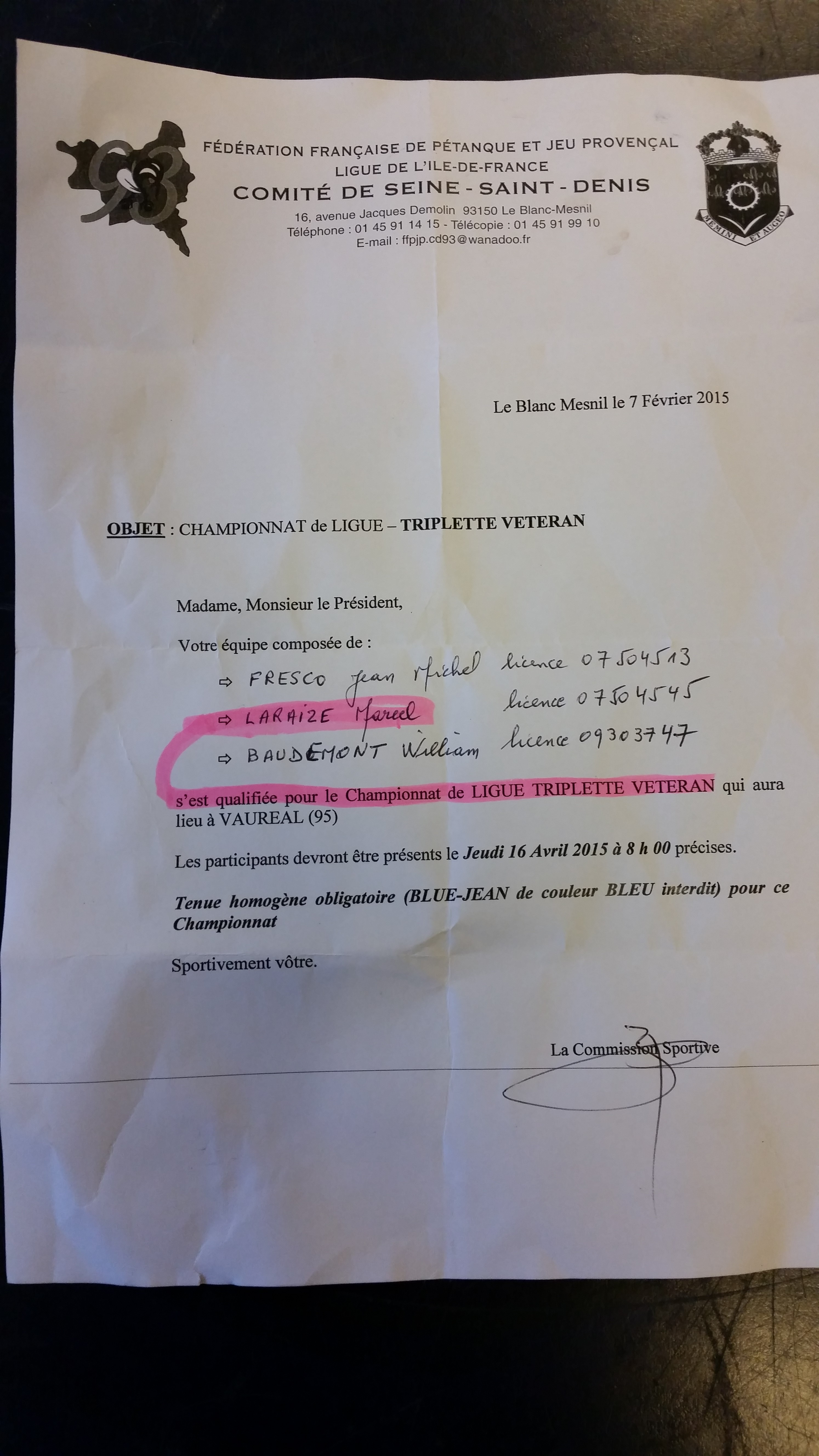 Championnat de Ligue Triplette Vétérans. Championnat de Ligue Triplette Vétérans.
