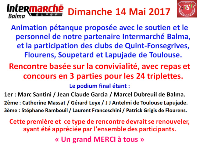 Animation pétanque Intermarché Balma 14/05/17 Animation pétanque Intermarché Balma 14/05/17