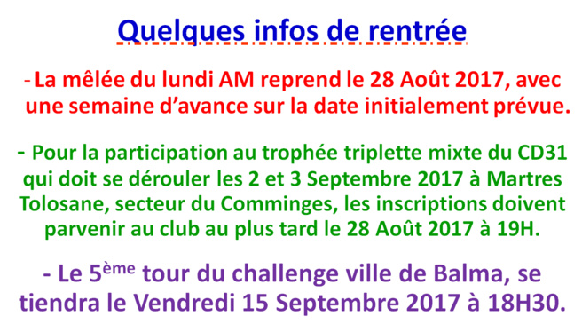 Infos de rentrée. Infos de rentrée.