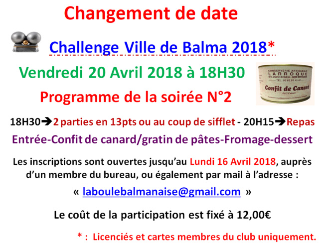 Soirée N°2 Challenge ville de Balma 20/04/18