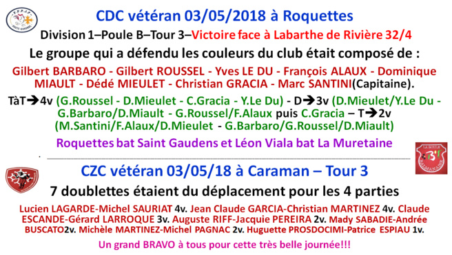 Résultats CDC + CZC vétéran 03/05/18