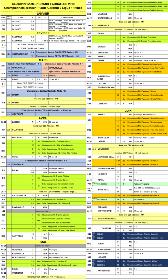 Calendrier GLS + Championnats 2019