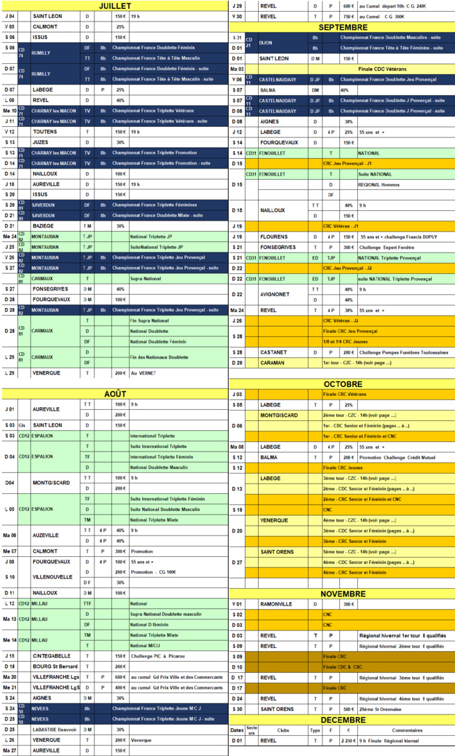 Calendrier GLS + Championnats 2019