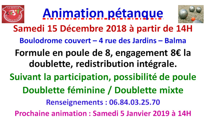 Animation pétanque hivernale 15/12/18 Animation pétanque hivernale 15/12/18