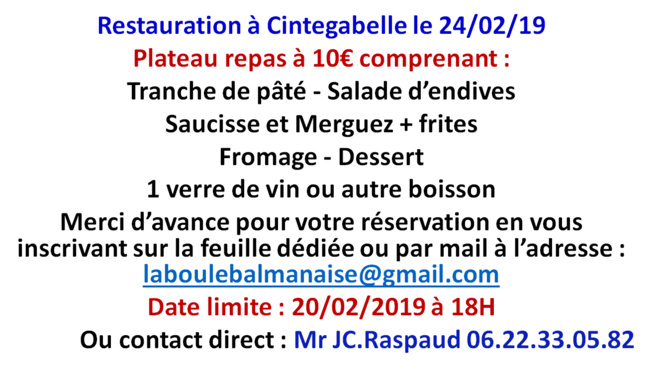 Restauration à Cintegabelle le 24/02/2019 Restauration à Cintegabelle le 24/02/2019