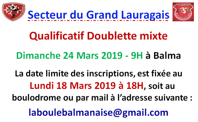 Inscription Doublette mixte Balma 24/03/19 Inscription Doublette mixte Balma 24/03/19