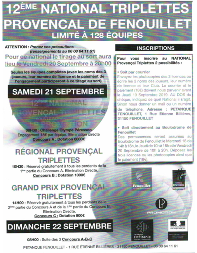 National jeu provençal Fenouillet 21_22/09/19 National jeu provençal Fenouillet 21_22/09/19
