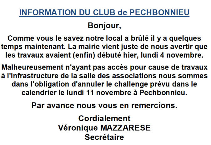 Annulation concours du 11/11/19 à Pechbonnieu Annulation concours du 11/11/19 à Pechbonnieu
