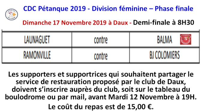 Phase finale CDC Féminin à Daux le 17/11/19