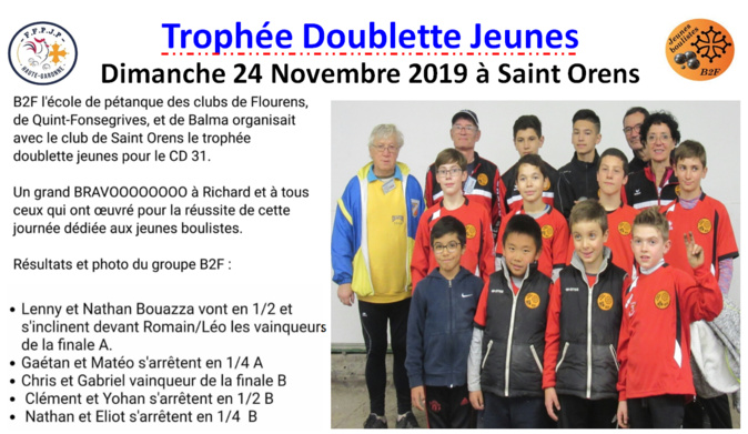 Trophée doublette jeunes à Saint Orens le 24/11/19 Trophée doublette jeunes à Saint Orens le 24/11/19