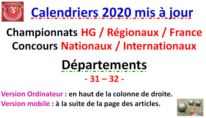 Calendriers 2020 Mise à jour N°1 Calendriers 2020 Mise à jour N°1