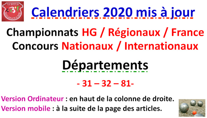 Calendriers 2020 Mise à jour N°2