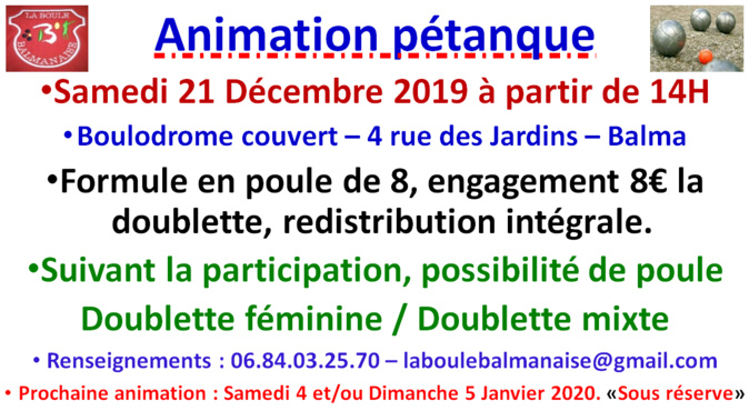 Animation pétanque hivernale 21/12/19 Animation pétanque hivernale 21/12/19