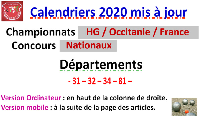Calendriers 2020 Mise à jour N°3 Calendriers 2020 Mise à jour N°3