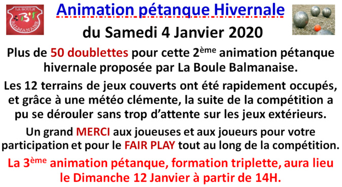 Animation pétanque hivernale N°2 du 04/01/2020 Animation pétanque hivernale N°2 du 04/01/2020