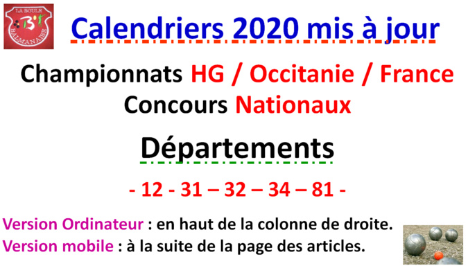 Calendriers 2020 Mise à jour N°4 Calendriers 2020 Mise à jour N°4