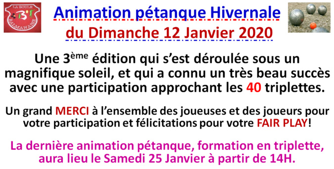 Animation pétanque hivernale 12/01/2020 Animation pétanque hivernale 12/01/2020