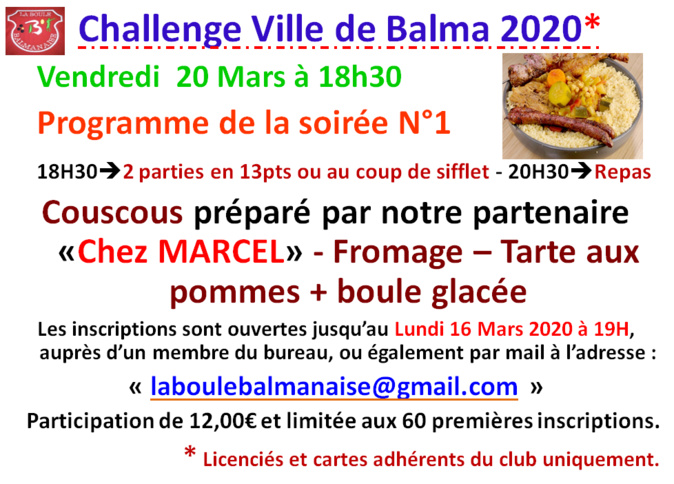 Challenge ville de Balma - soirée N°1 - 20/03/2020