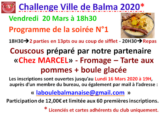 Challenge ville de Balma - soirée N°1 - 20/03/2020 Challenge ville de Balma - soirée N°1 - 20/03/2020