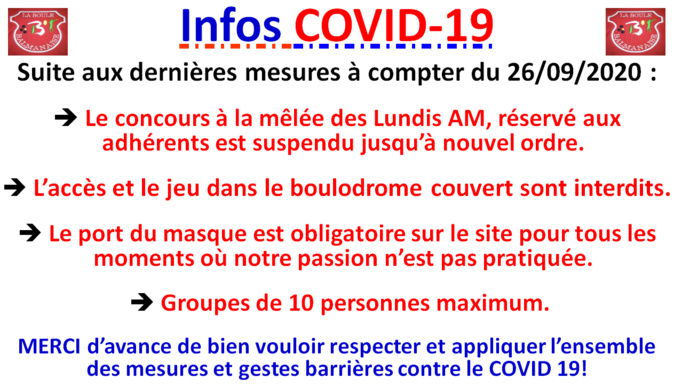 COVID19 Mesures à compter du 26/09/2020 COVID19 Mesures à compter du 26/09/2020