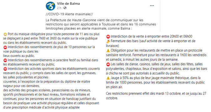 COVID19 mesures à compter du 13/10/2020