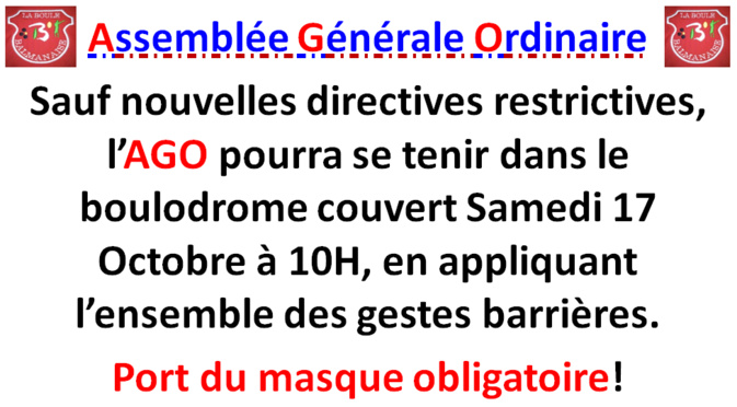 AGO Samedi 17 Octobre 2020 à 10H AGO Samedi 17 Octobre 2020 à 10H