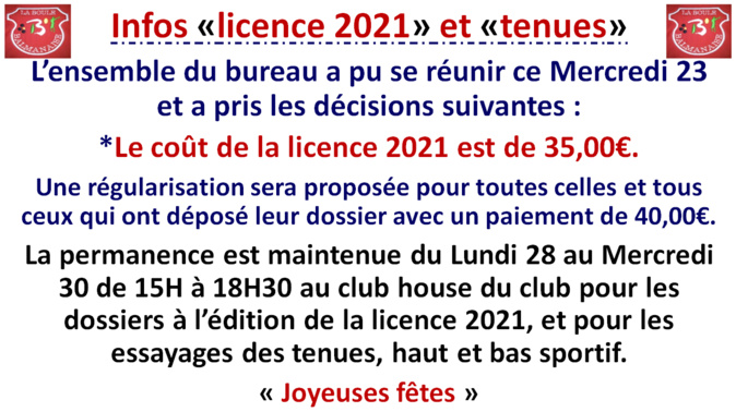 Infos tenues et licence 2021