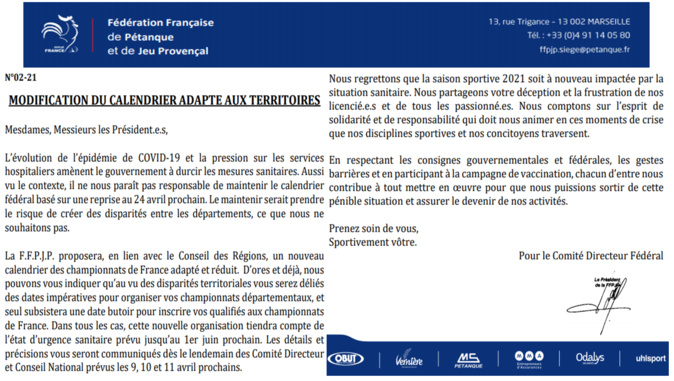 FFPJP Infos calendrier 2021