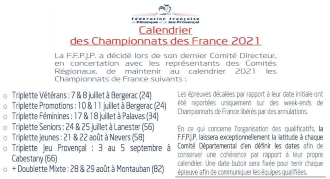 FFPJP Championnats de France==>Dates 2021