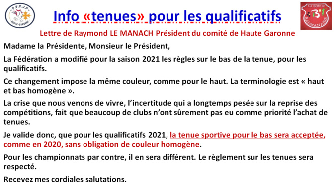 Tenues pour les qualificatifs 2021 Tenues pour les qualificatifs 2021