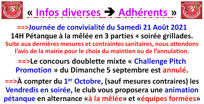 Infos diverses club 12/08/21 Infos diverses club 12/08/21