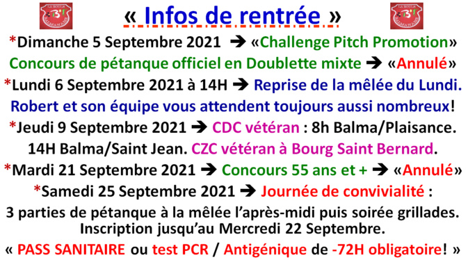 Infos de rentrée 2021 Infos de rentrée 2021