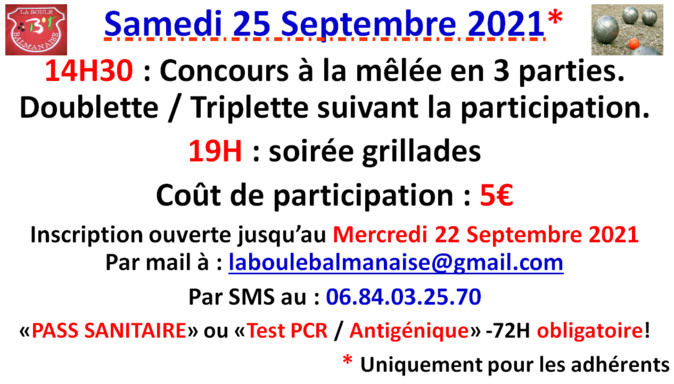 Animation pétanque + grillades Samedi 25/09/2021 Animation pétanque + grillades Samedi 25/09/2021