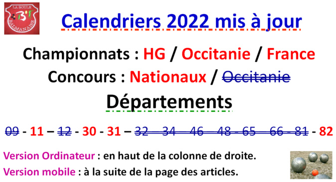 Calendriers 2022 Mise à jour N°1 Calendriers 2022 Mise à jour N°1