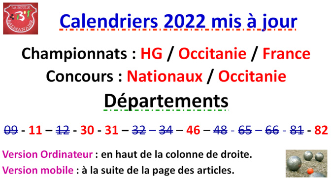 Calendriers 2022 Mise à jour N°2 Calendriers 2022 Mise à jour N°2