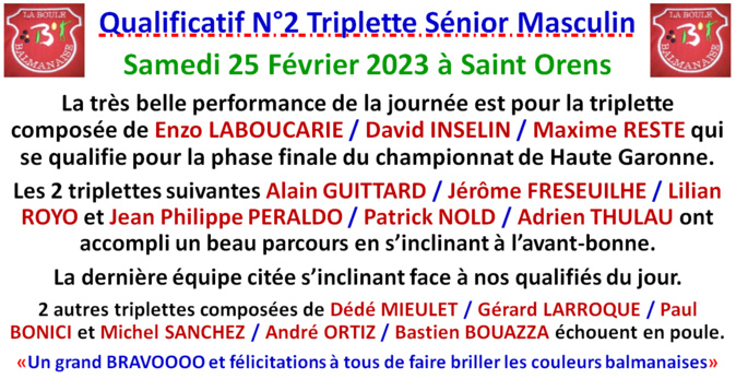 Qualificatif triplette sénior masculin 25/02/23 Qualificatif triplette sénior masculin 25/02/23