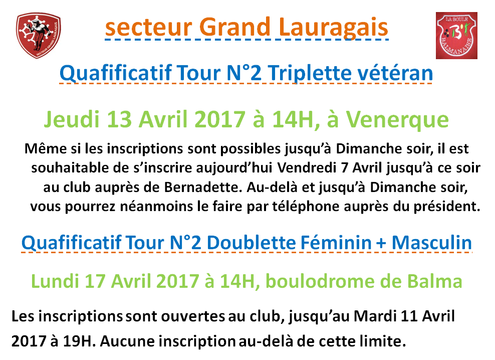 Inscriptions Qualificatif N°2 TV/DF/DM