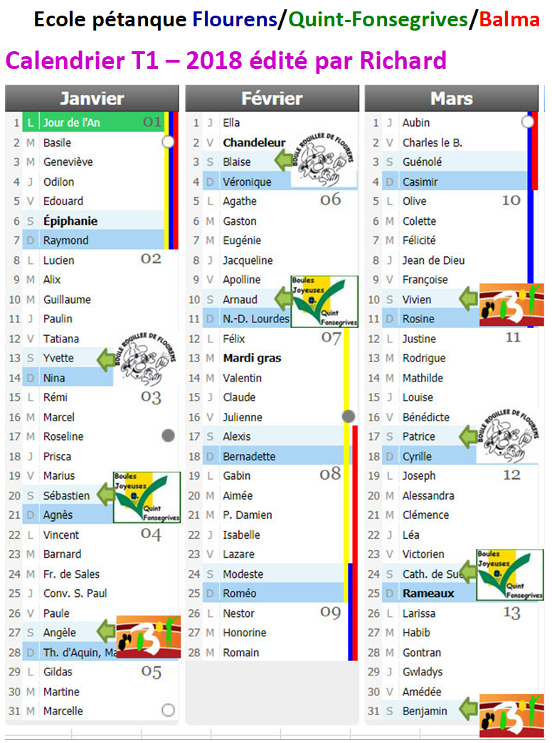 Calendrier école pétanque T1-2018