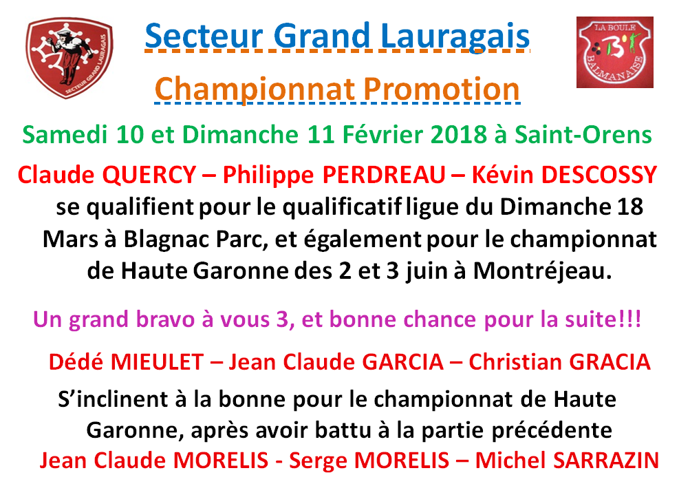 Résultats Promotion Saint Orens 10_11/02/2018