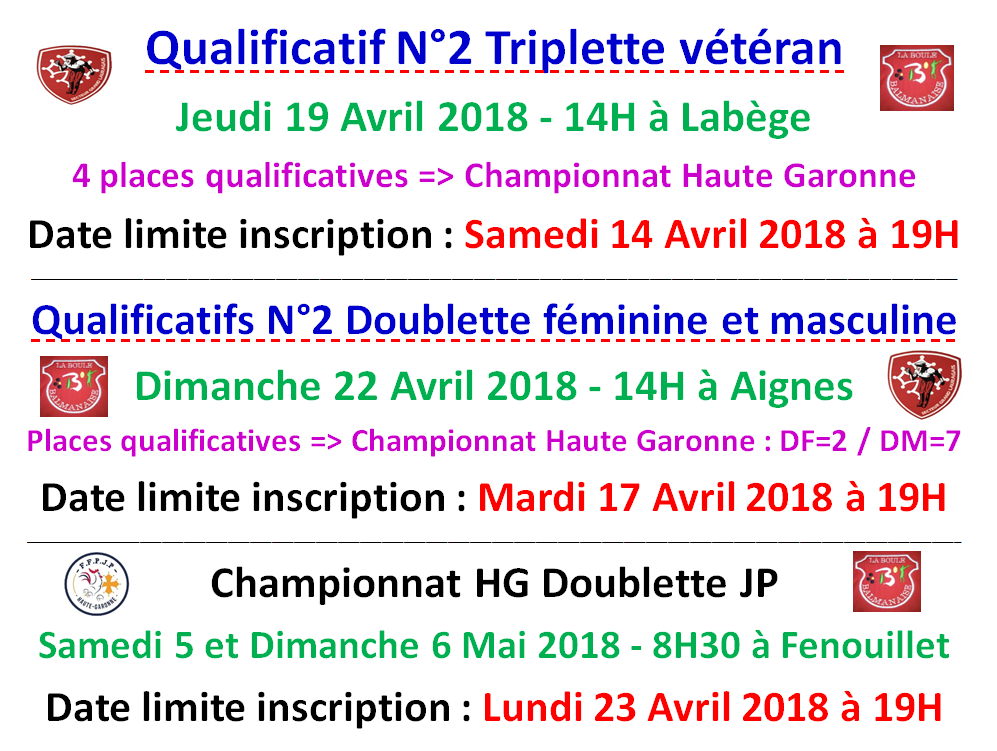 Qualificatifs N°2 TV 12/04/18 + DF et DM 22/04/18 + Championnat DJP 05_06/05/18