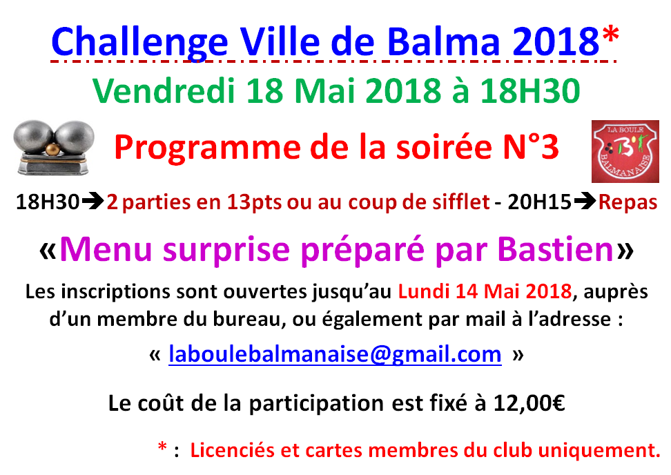 Soirée N°3 Challenge ville de Balma 18/05/18