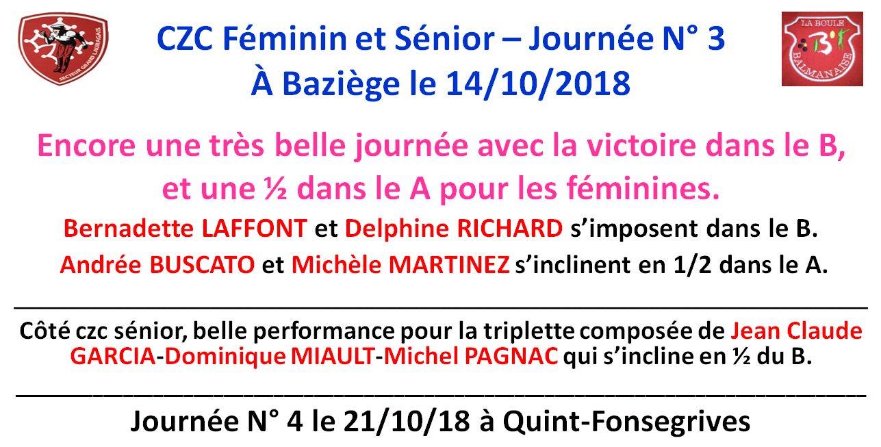 Classement CZC Féminin + Sénior 14/10/18