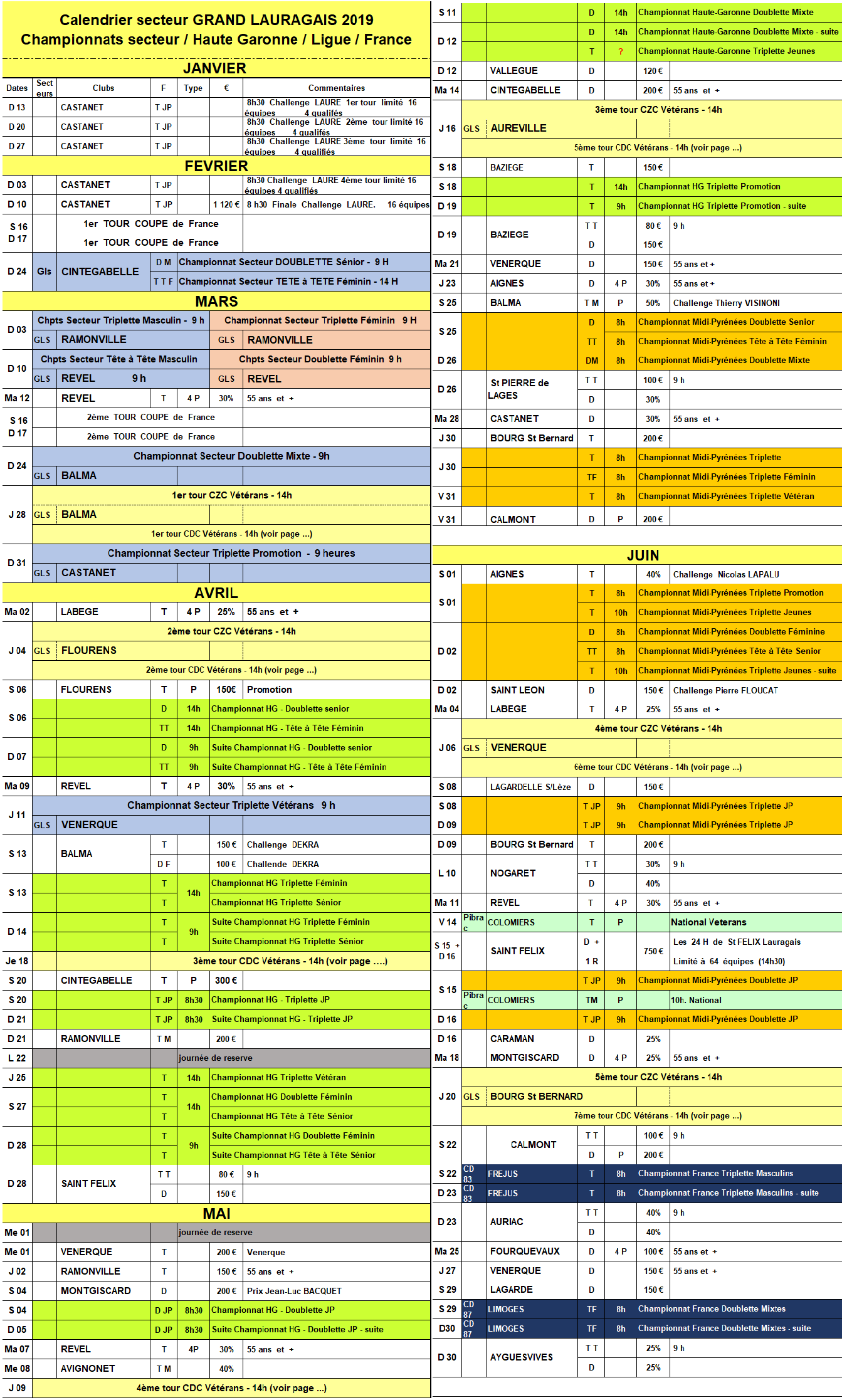 Calendrier GLS + Championnats 2019 Calendrier GLS + Championnats 2019
