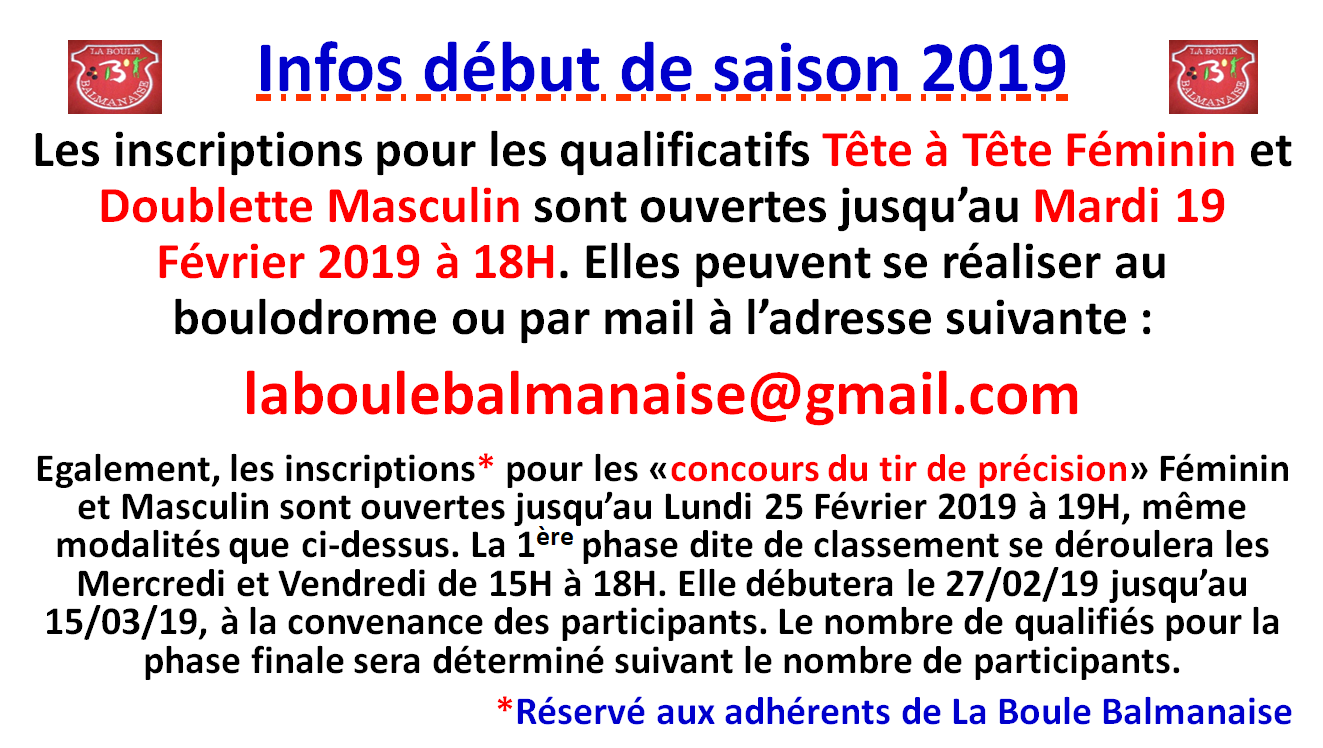 Infos début de saison 2019 Infos début de saison 2019