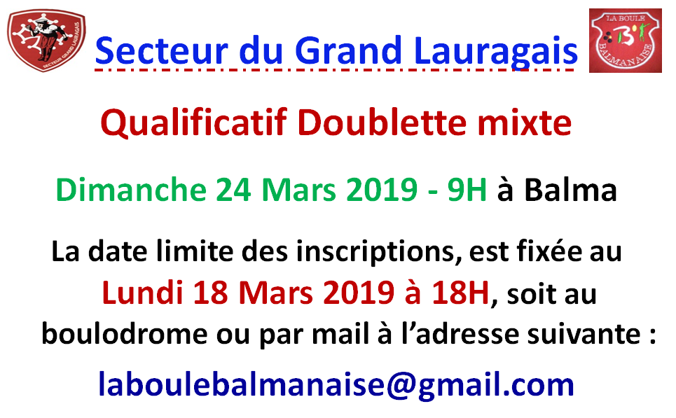 Inscription Doublette mixte Balma 24/03/19 Inscription Doublette mixte Balma 24/03/19