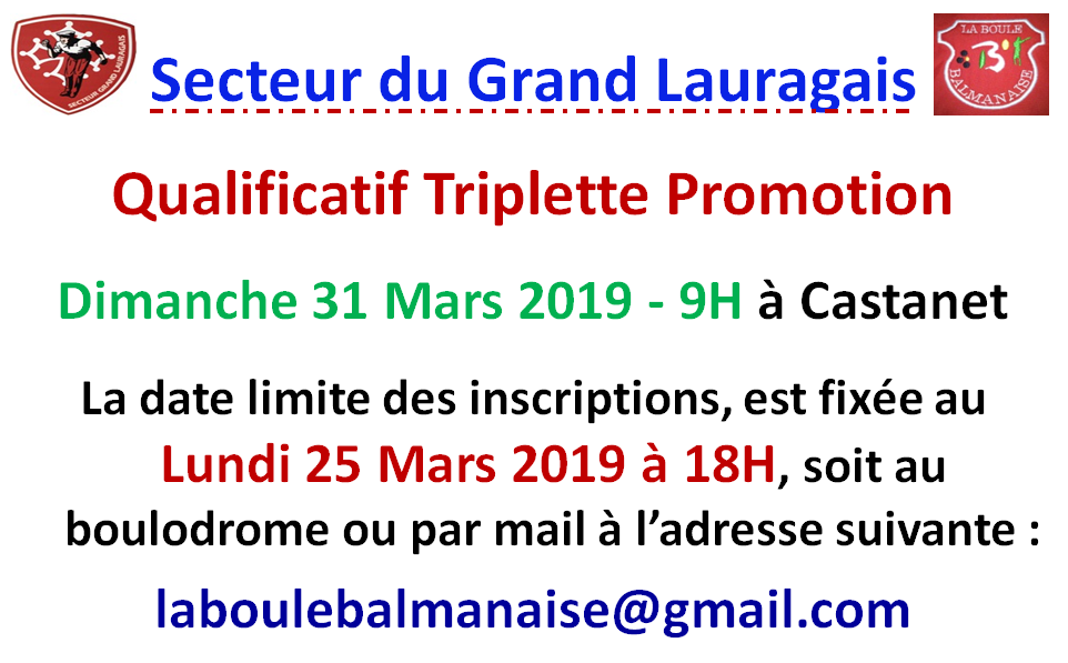Inscription Triplette Promotion à Castanet 31/03/19