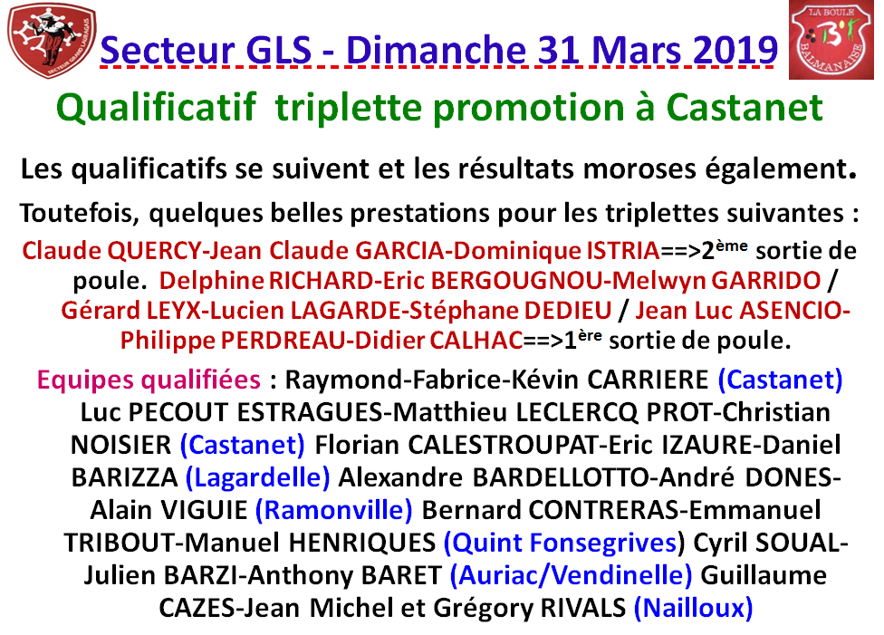 Résultat qualificatif T Promotion Castanet 31/03/19