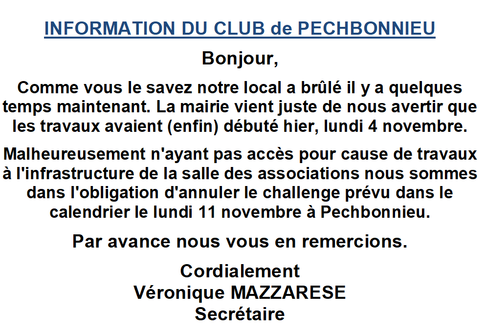 Annulation concours du 11/11/19 à Pechbonnieu Annulation concours du 11/11/19 à Pechbonnieu